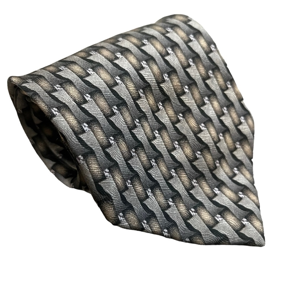 2/$15 Versini 100% silk tie hand made grey black tan abstract pattern 4" x 59"